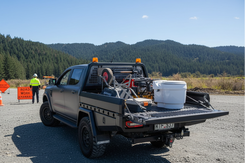 Dry Flush portable toilet sitting neatly in the bed of work truck as an alternative to a portaloo.