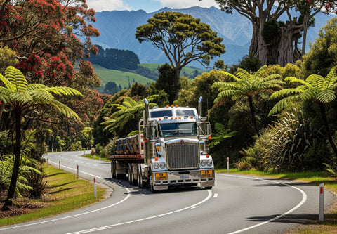 Truck on a scenic road with lush greenery and mountains in the background with a Dry Flush toilet on board.